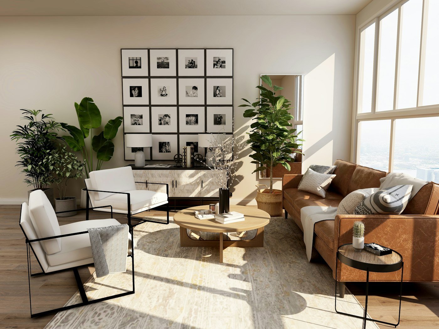 Sala con luz natural, madera y mobiliario contemporáneo.